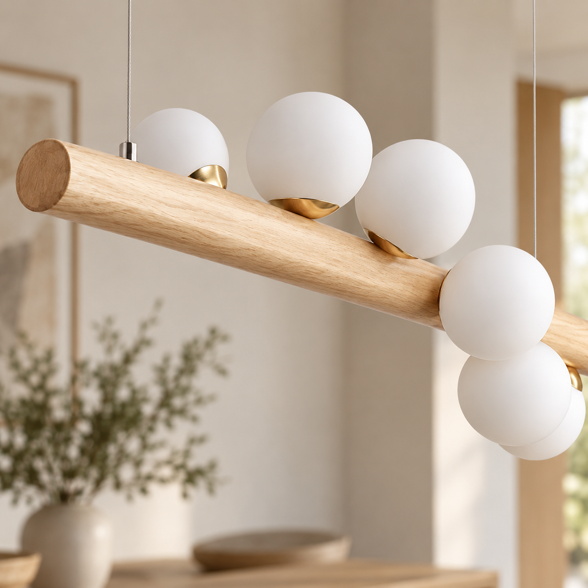 Lámpara colgante lineal de madera Galbana – detalle de los globos opalinos sobre la barra de madera clara