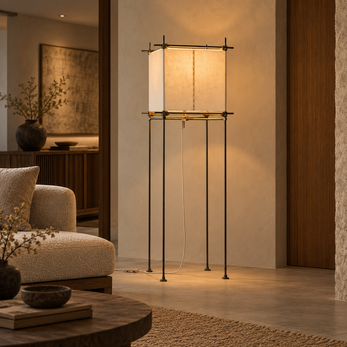 Lámpara de pie de pergamino Pazela en un salón de estilo japandi – imagen 2