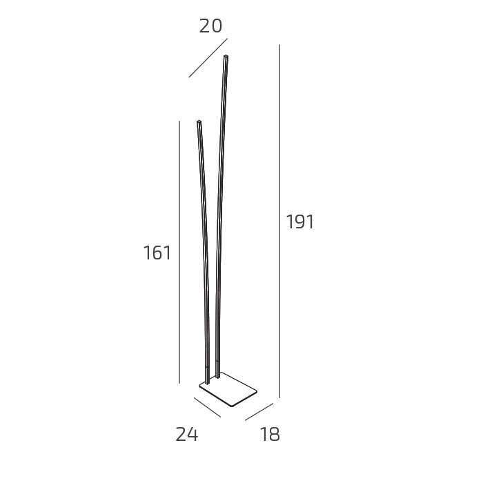 Lámpara de pie LED Salira con dos varillas curvas – medidas: 191 cm de alto y base de 24 × 18 cm
