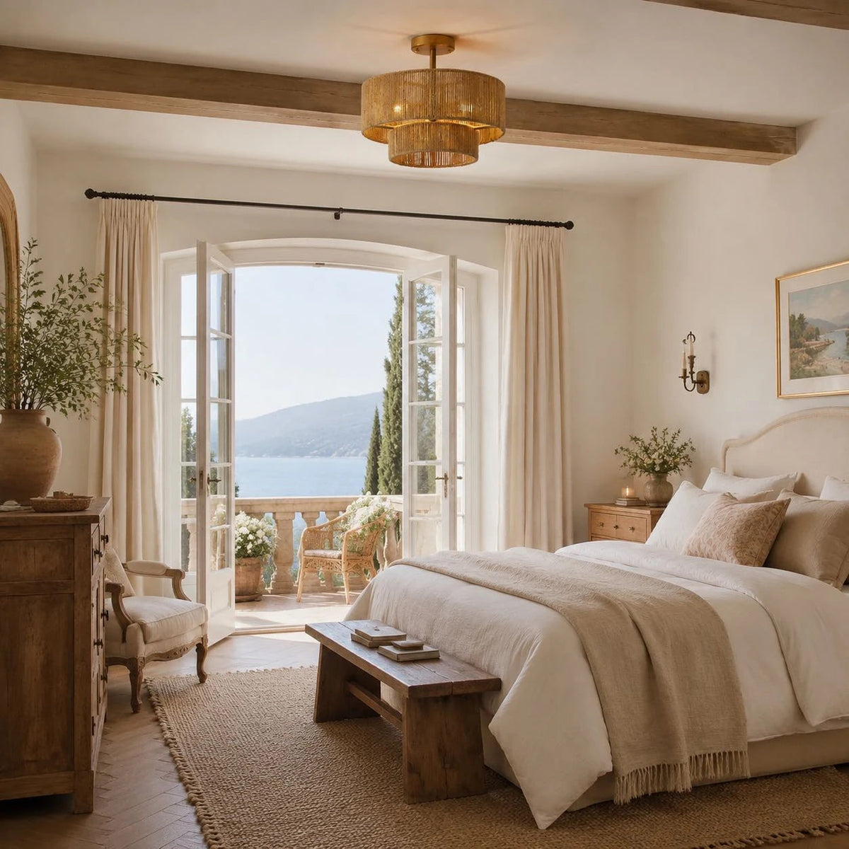 Lámpara de techo de cuerda natural Esparela – en un dormitorio con vistas al mar