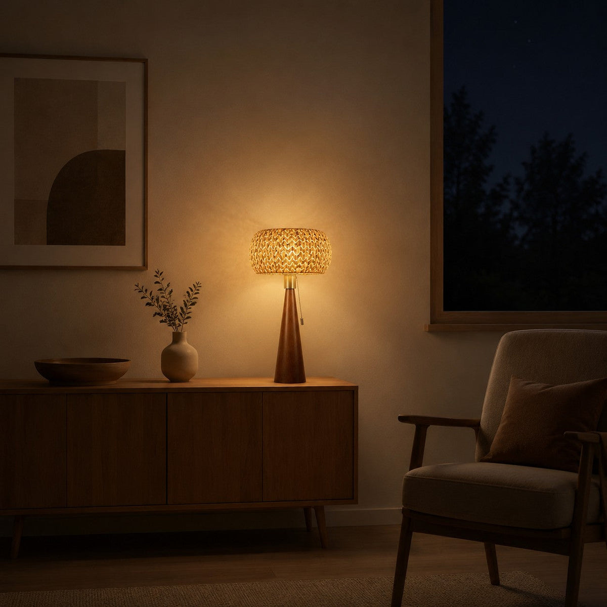 Lámpara de mesa de madera y fibra Trenzola – encendida sobre un aparador