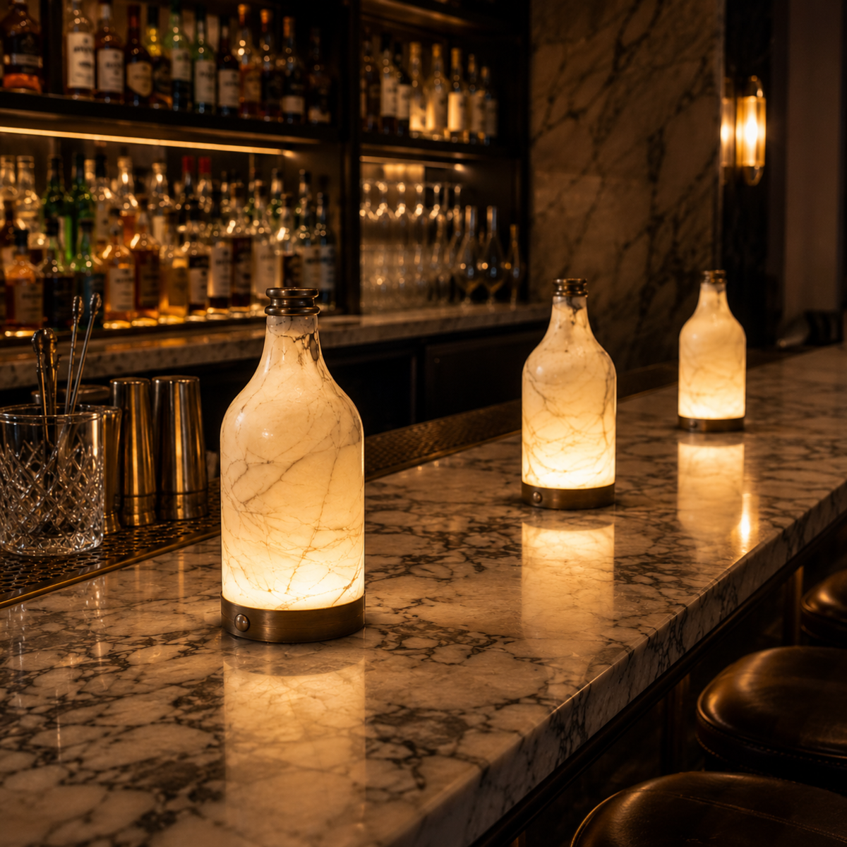 Lámpara de mesa recargable de ónice Gasira en un bar acogedor – imagen 6