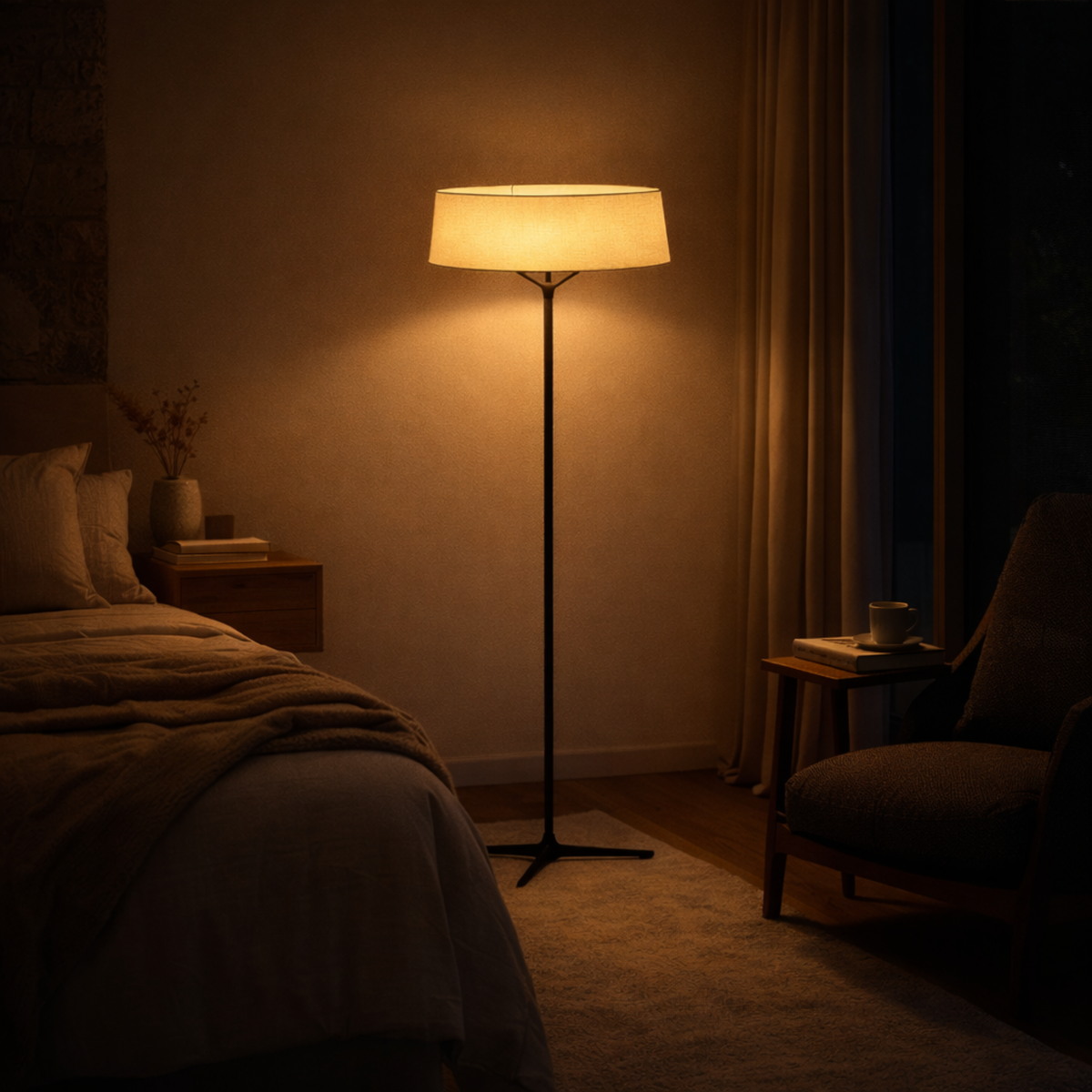 Lámpara de pie nórdica Plumela en un salón luminoso – imagen 5