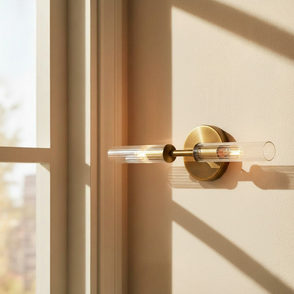 Aplique de pared de cristal estriado Junquela – latón envejecido, 2 luces