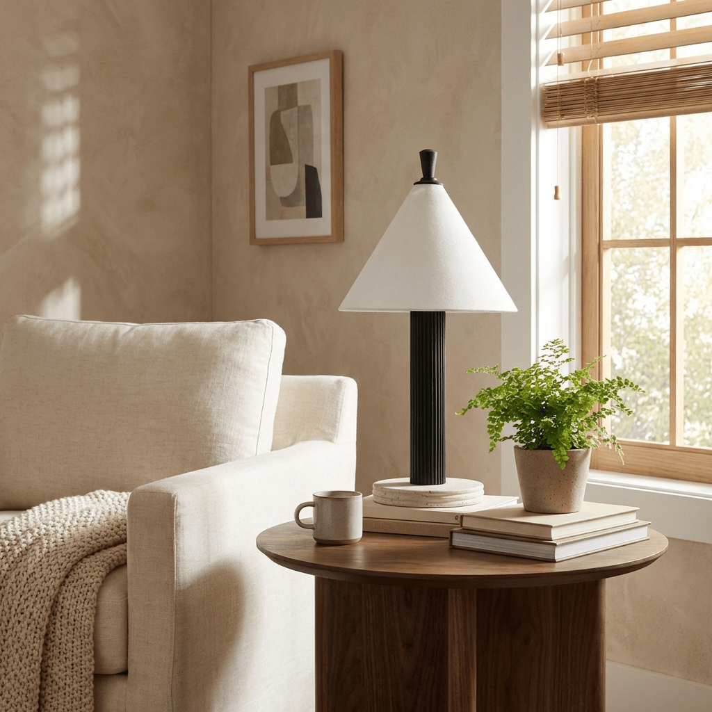Lámpara de mesa con pantalla cónica y columna de madera Gacona sobre una mesa auxiliar – imagen 3