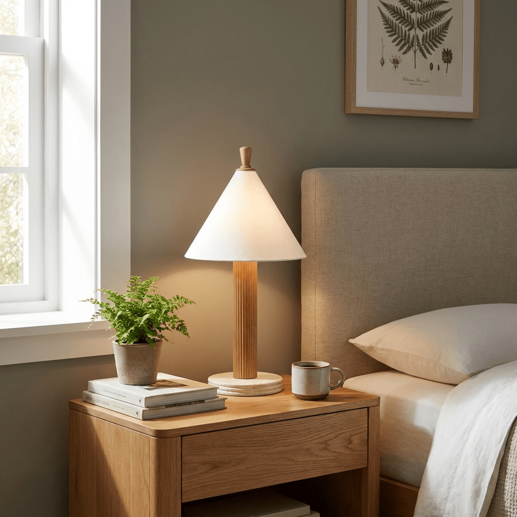 Lámpara de mesa con pantalla cónica y columna de madera Gacona sobre una mesa auxiliar – imagen 2