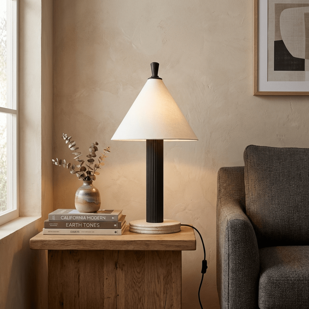 Lámpara de mesa con pantalla cónica y columna de madera Gacona sobre una mesa auxiliar – imagen 9