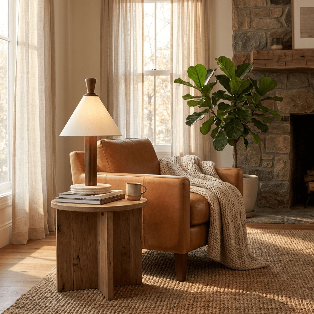 Lámpara de mesa con pantalla cónica y columna de madera Gacona sobre una mesa auxiliar – imagen 6