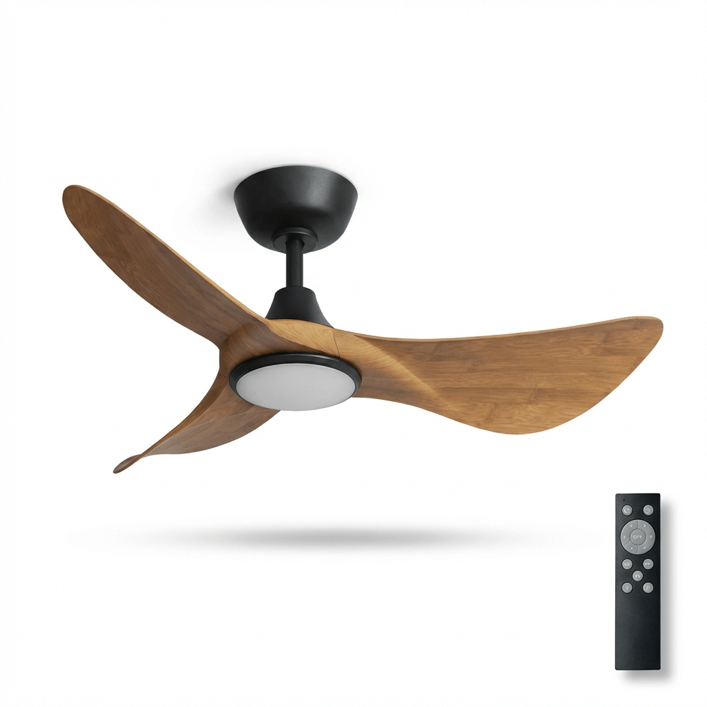 Ventilador de techo con luz Halcona en un salón de diseño orgánico – imagen 6