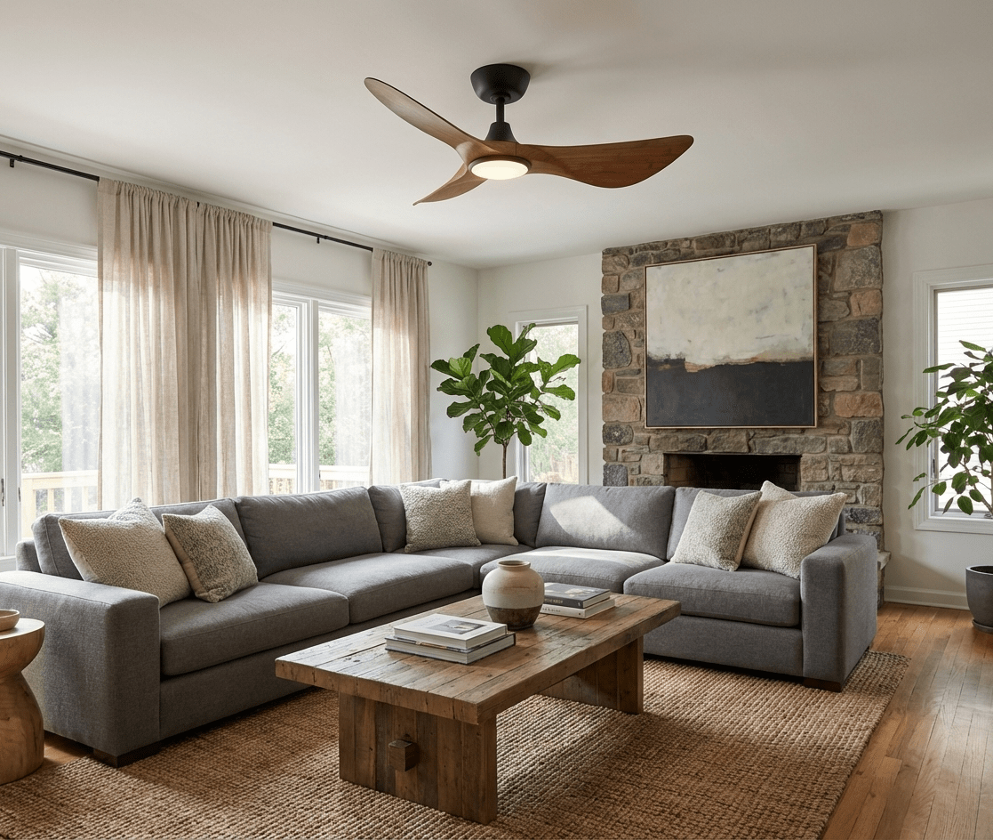 Ventilador de techo con luz Halcona en un salón de diseño orgánico – imagen 5