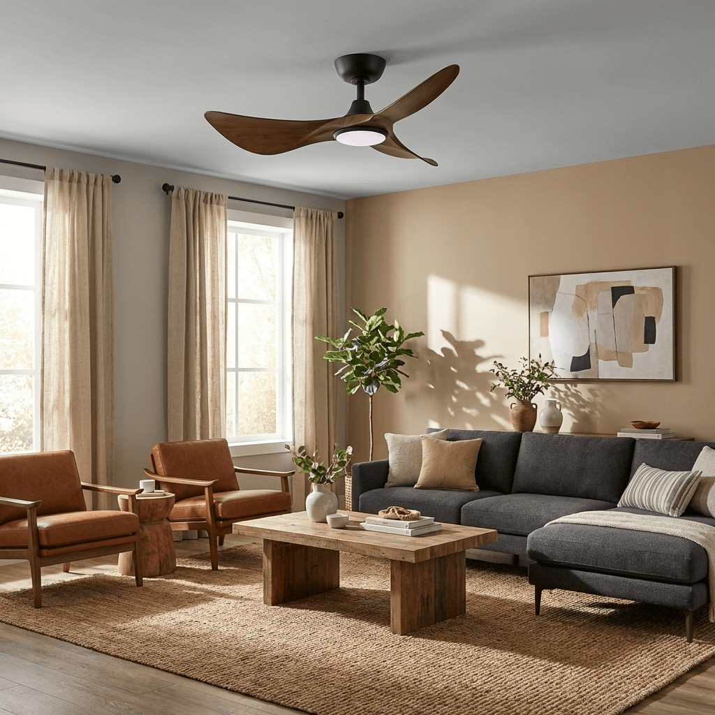 Ventilador de techo con luz Halcona en un salón de diseño orgánico – imagen 3