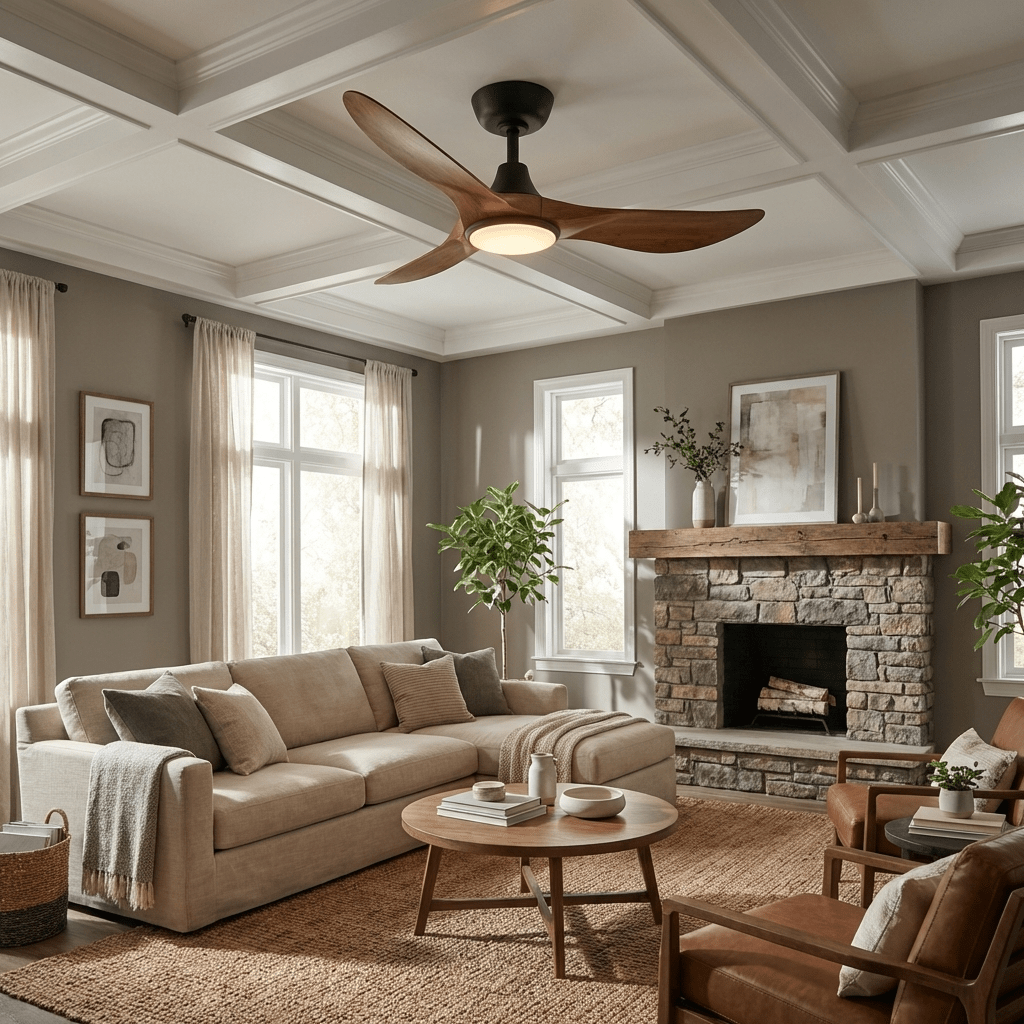 Ventilador de techo con luz Halcona en un salón de diseño orgánico – imagen 7