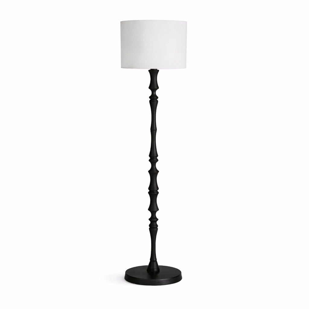 Lámpara de pie de madera torneada Caluma – en negro con pantalla de tela