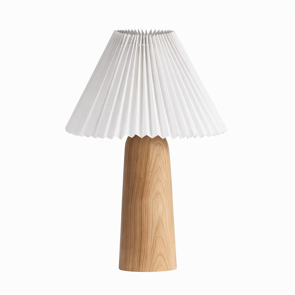Lámpara de mesa con pantalla plisada Hilveta – altura 40 cm, base de madera con pantalla blanca
