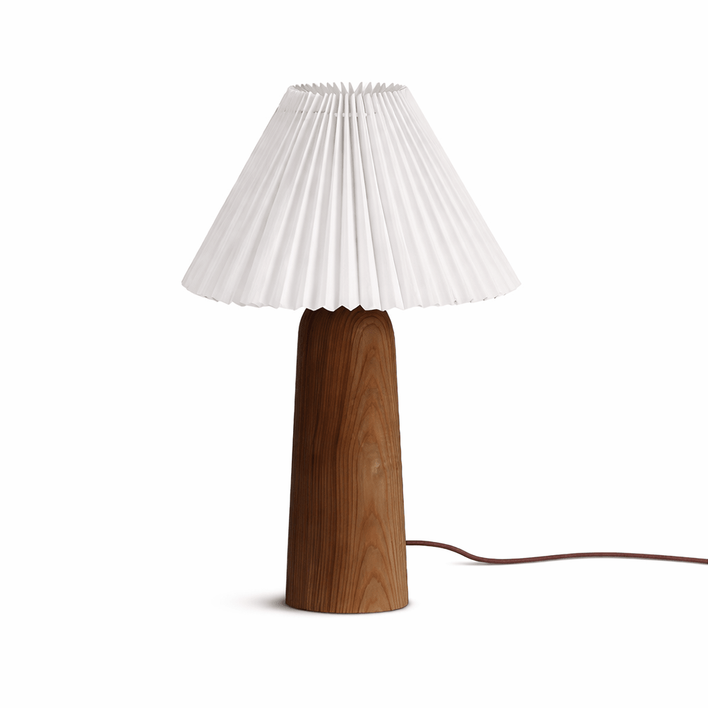 Lámpara de mesa con pantalla plisada Hilveta – altura 40 cm, base de nogal con pantalla blanca