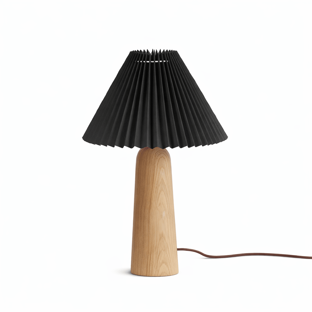 Lámpara de mesa con pantalla plisada Hilveta – altura 40 cm, base de madera con pantalla negra