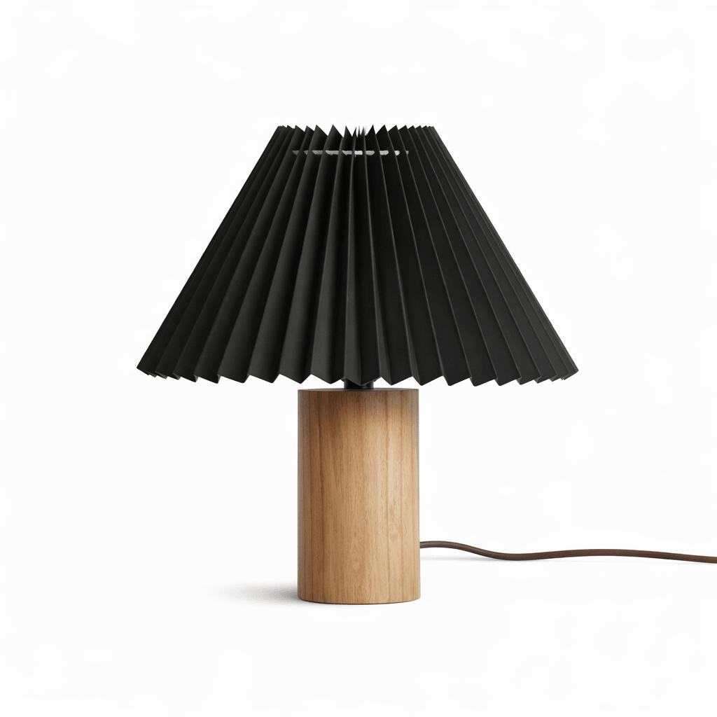 Lámpara de mesa con pantalla plisada Hilveta – altura 30 cm, base de madera con pantalla negra