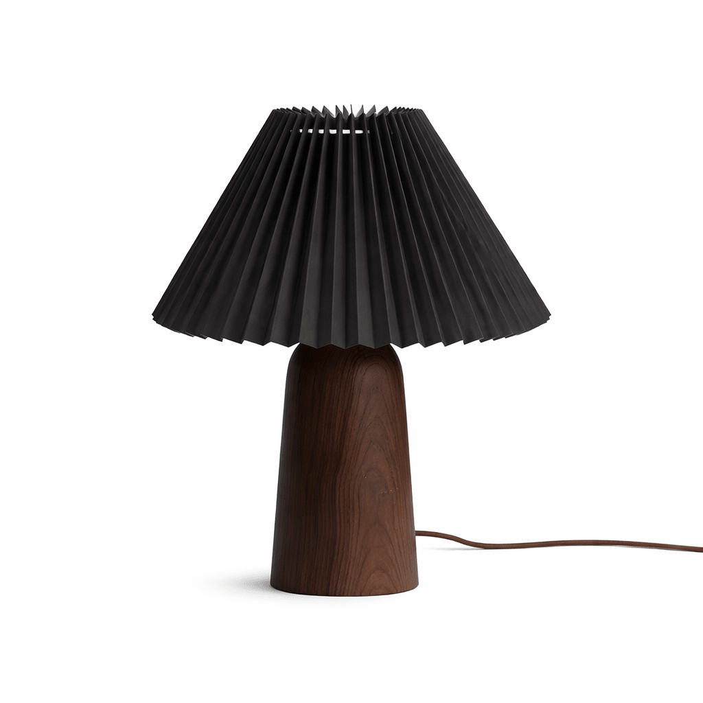 Lámpara de mesa con pantalla plisada Hilveta – altura 32 cm, base de nogal con pantalla negra