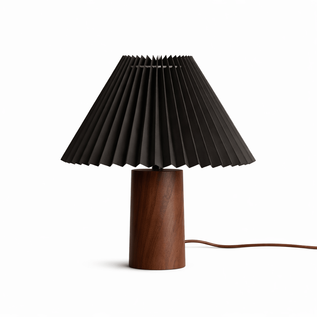 Lámpara de mesa con pantalla plisada Hilveta – altura 30 cm, base de nogal con pantalla negra