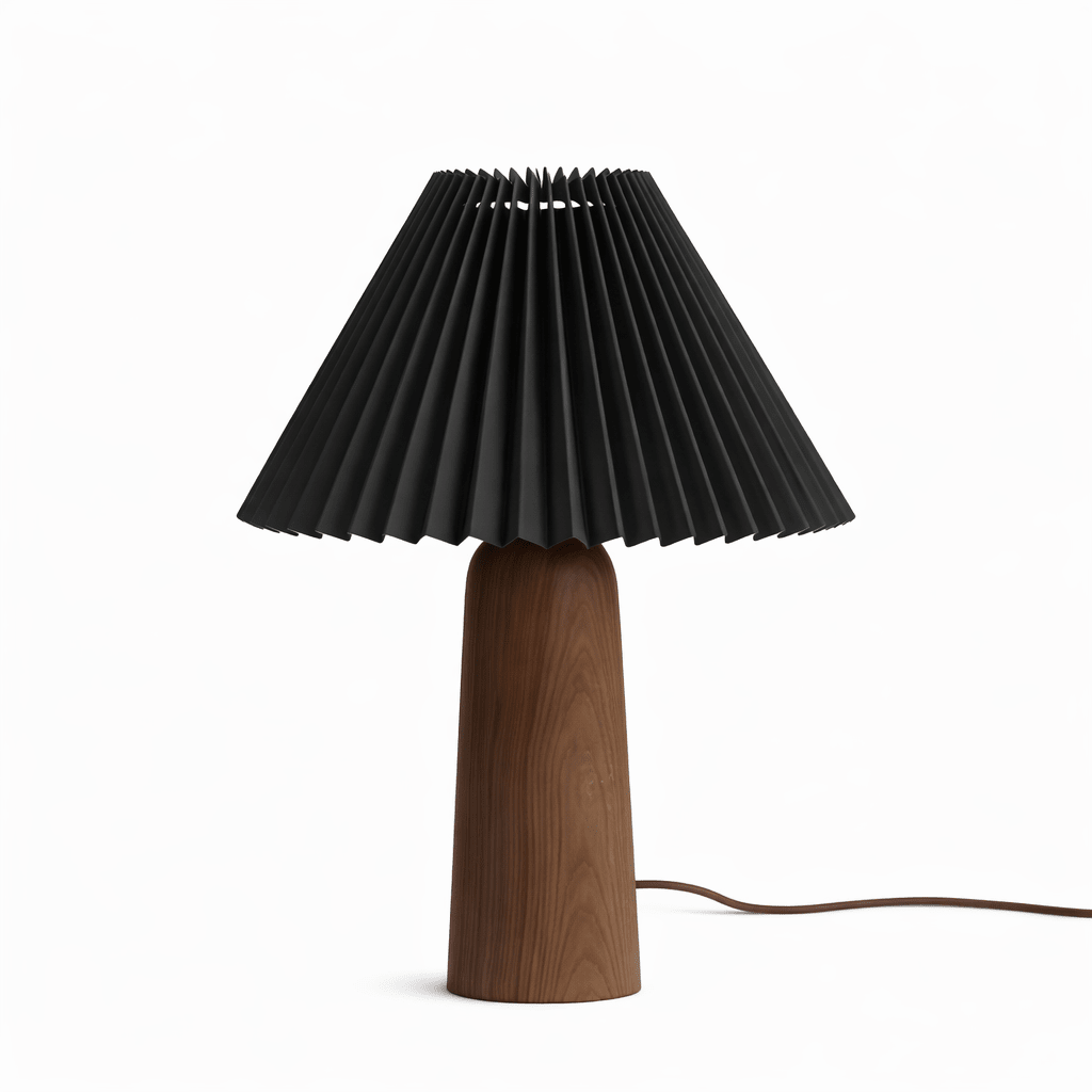 Lámpara de mesa con pantalla plisada Hilveta – altura 40 cm, base de nogal con pantalla negra