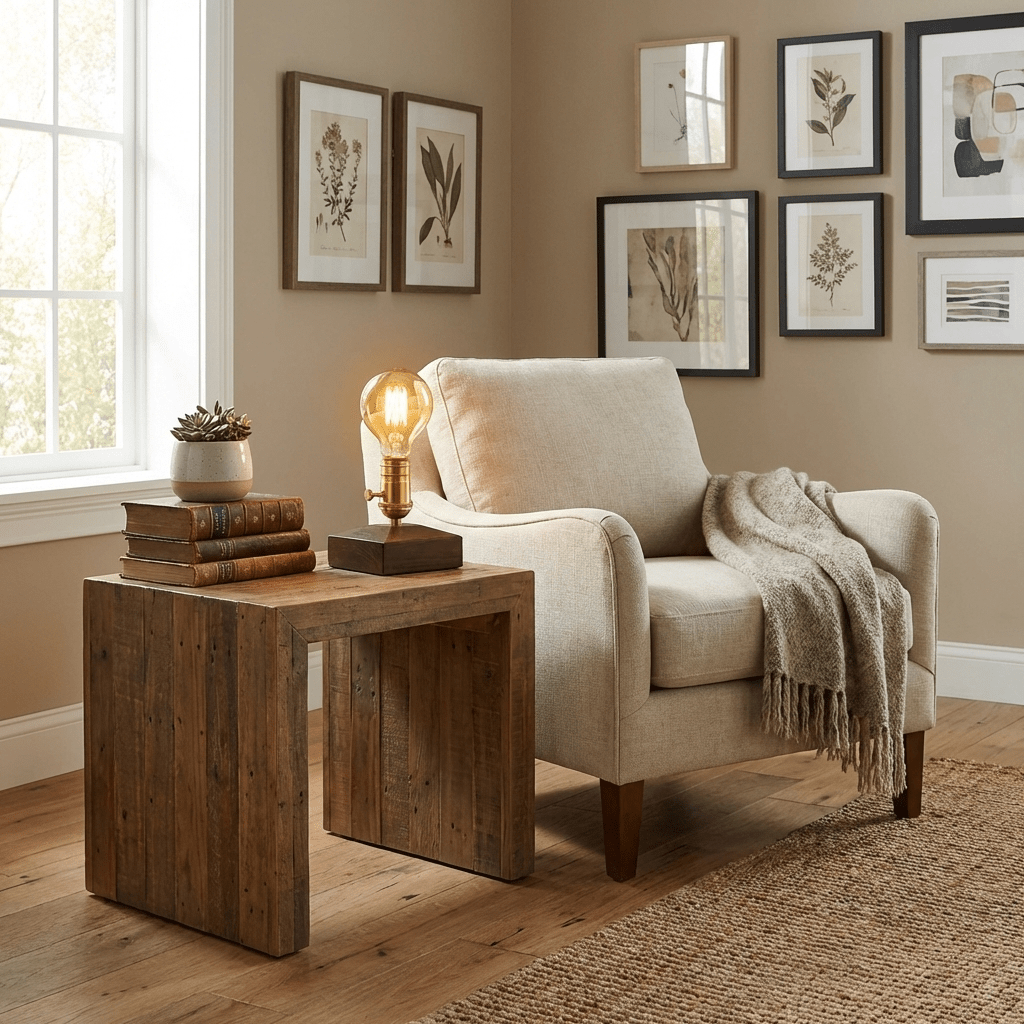 Lámpara de mesa vintage Edina – encendida sobre una mesa de madera junto a una butaca