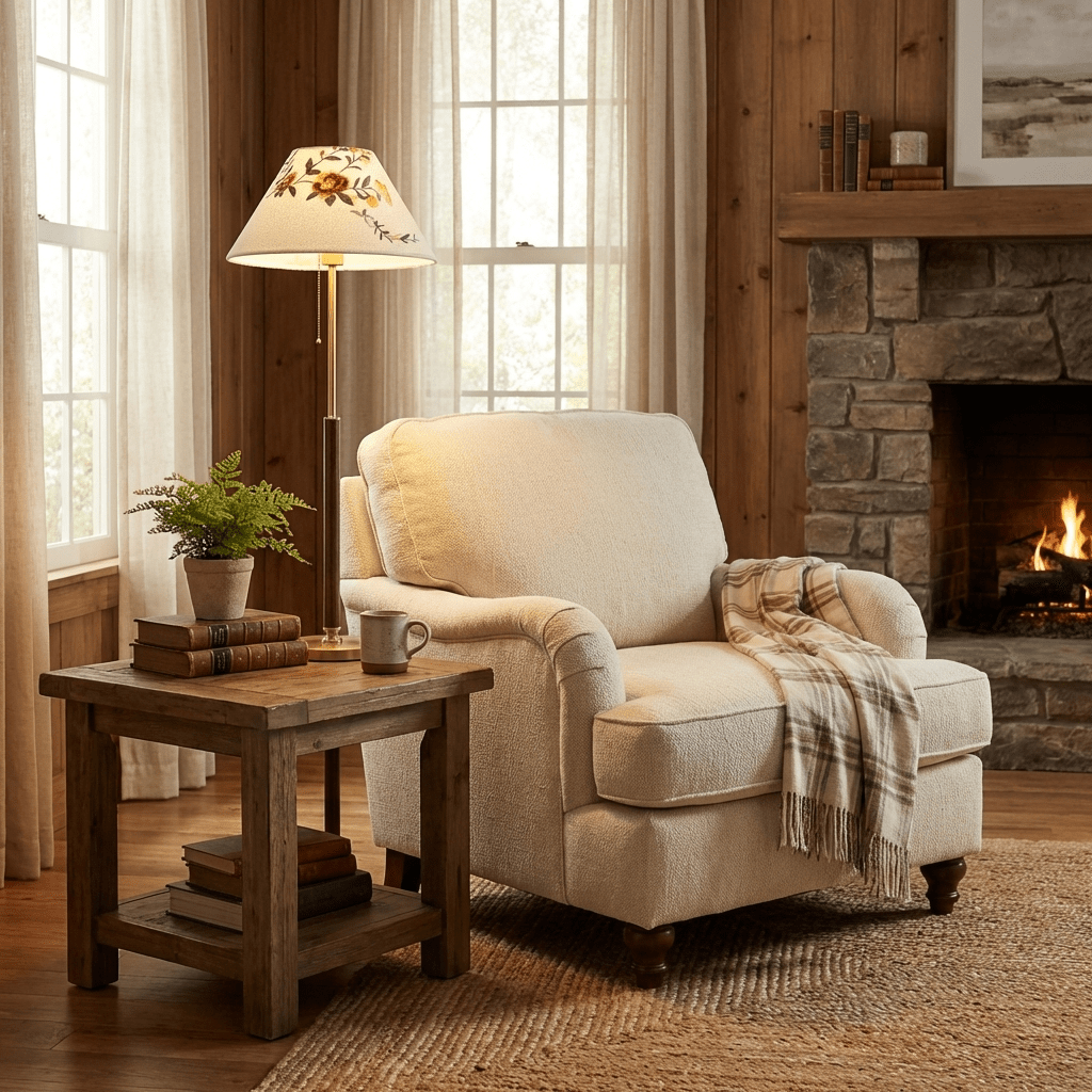 Lámpara de pie clásica con pantalla floral Belmira junto a un sillón junto a la chimenea – imagen 4