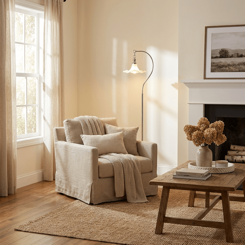 Lámpara de pie de arco Danelia junto a un sillón en el salón – imagen 9