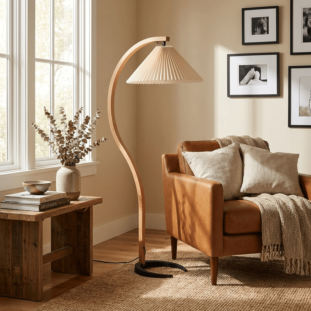 Lámpara de pie curva de madera Fruncela en un salón escandinavo – imagen 22