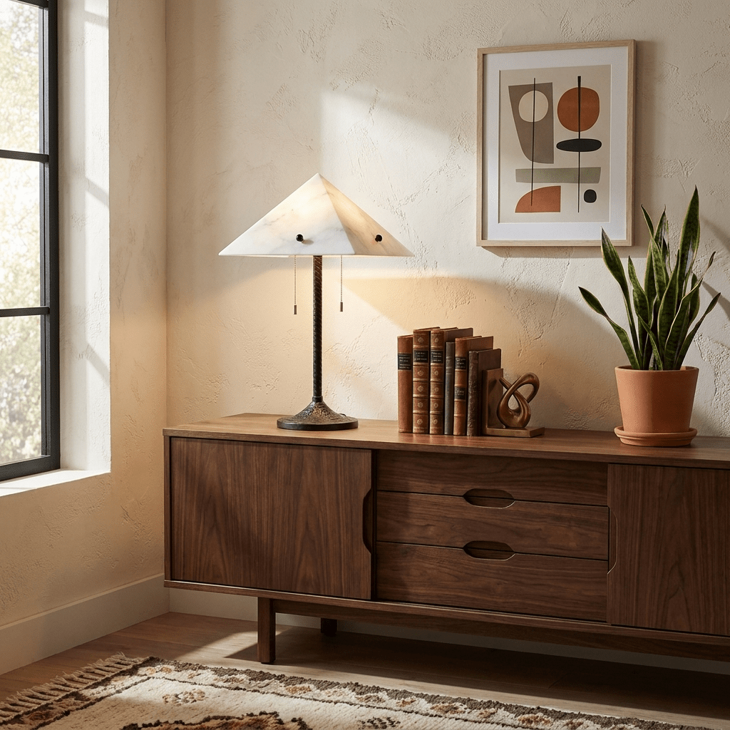 Lámpara de mesa con pantalla de alabastro Ipira sobre un escritorio de madera – imagen 4