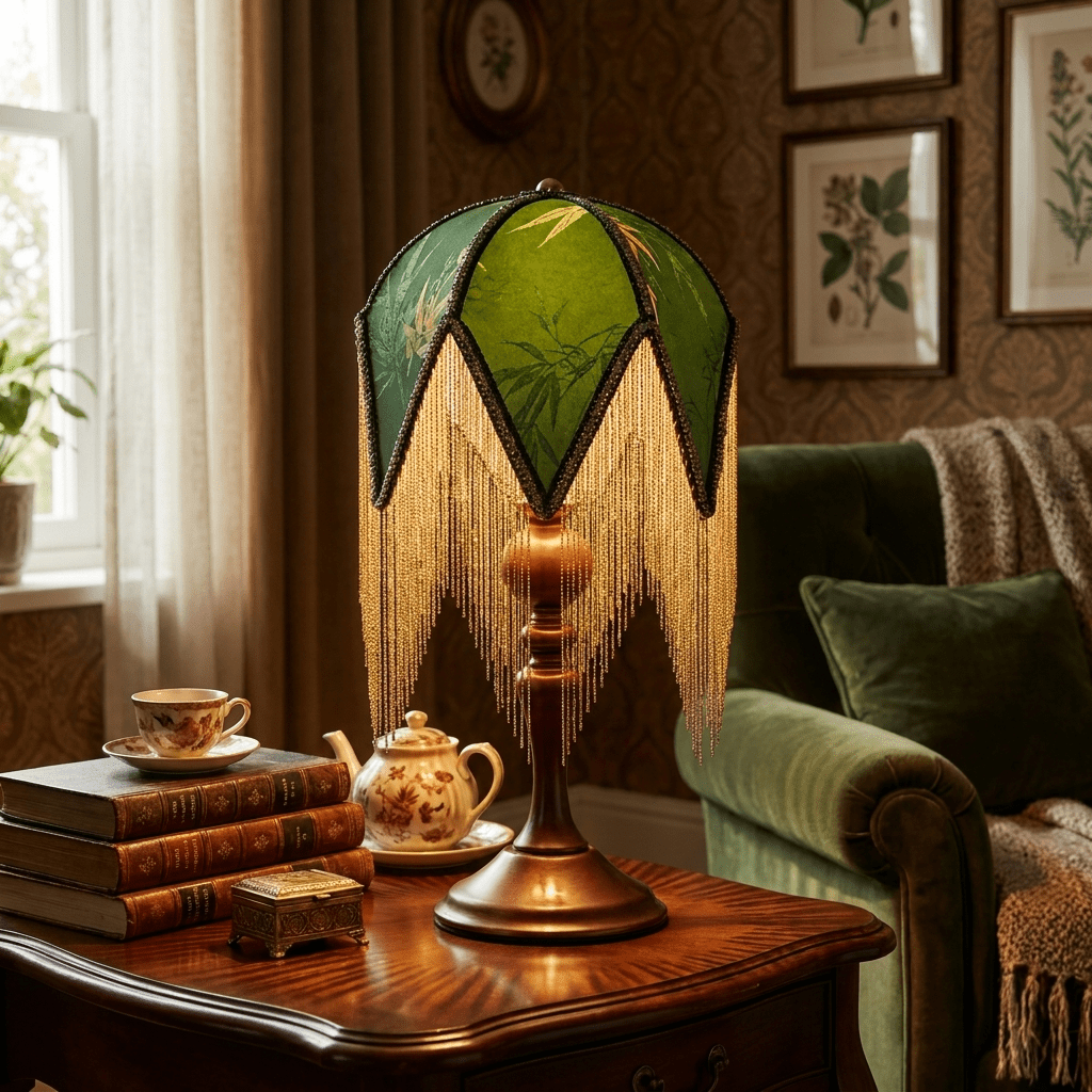 Lámpara de mesa vintage con flecos Verdina – sobre un escritorio de madera junto a un sillón verde