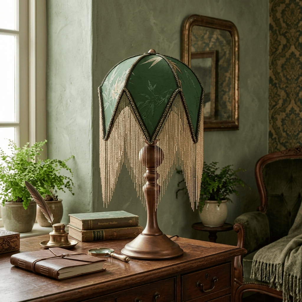 Lámpara de mesa vintage con flecos Verdina – en un escritorio junto a una ventana