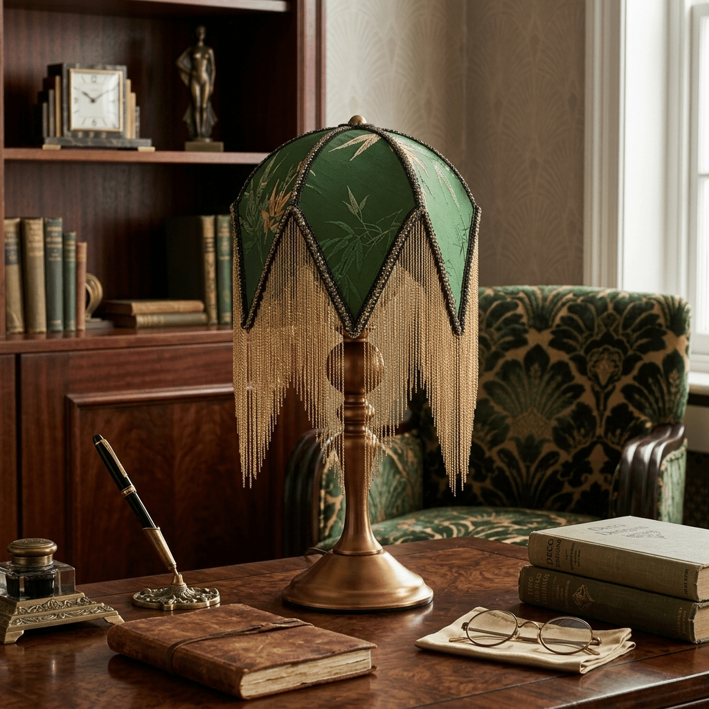 Lámpara de mesa vintage con flecos Verdina – en un despacho con libros antiguos