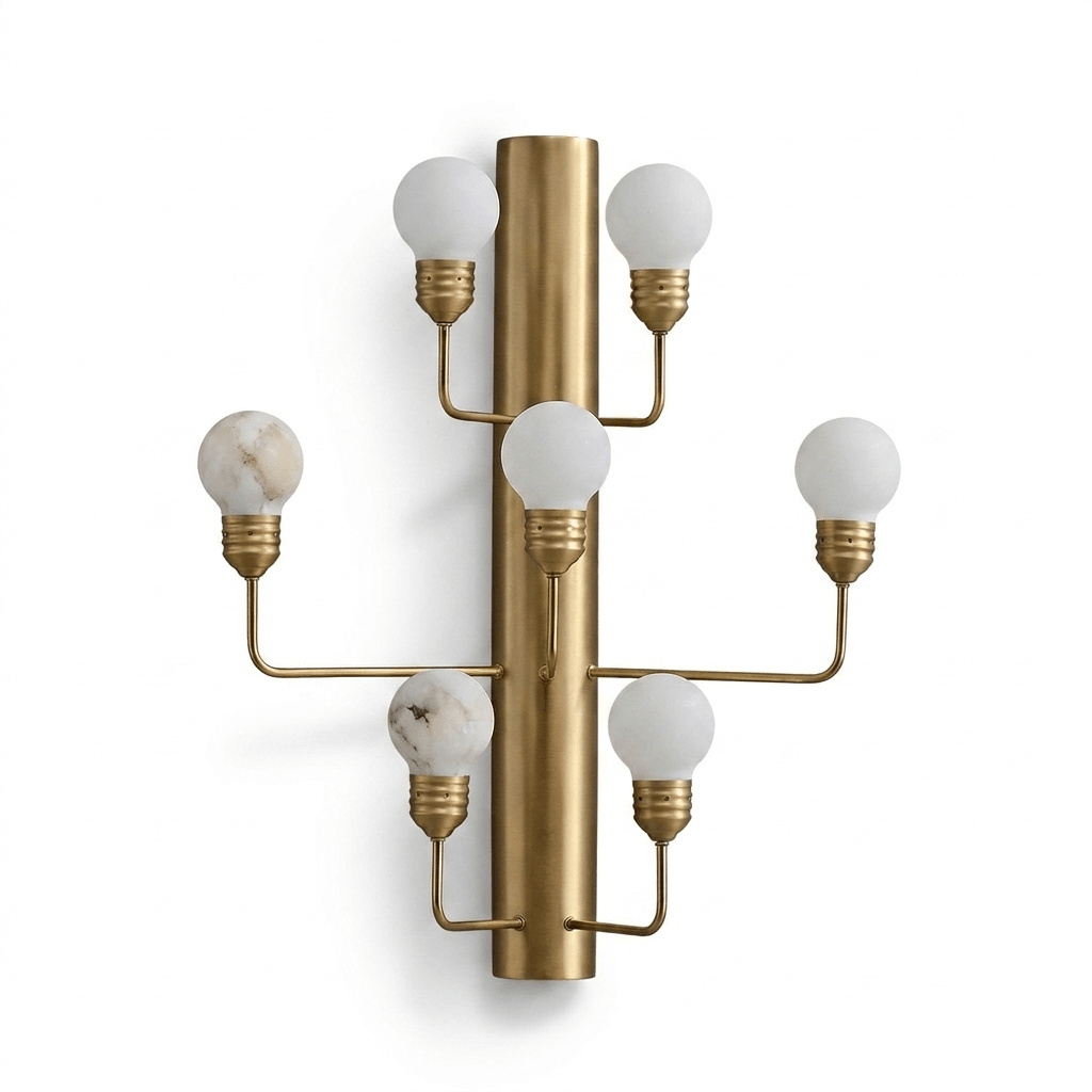 Aplique de pared de globos de alabastro Jirela – acabado dorado en vista frontal