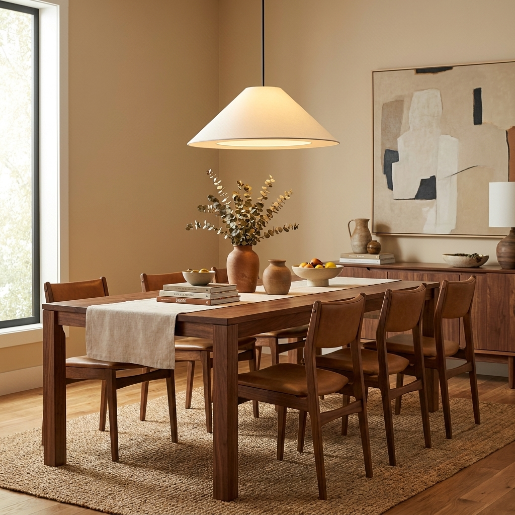 Lámpara colgante cónica de tela Cosela – sobre una mesa de comedor de madera