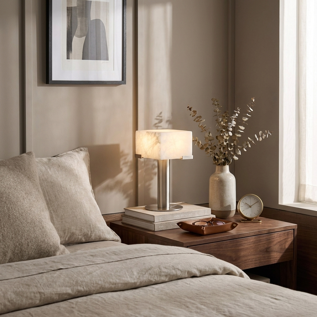 Lámpara de mesa de alabastro Yesara en un dormitorio cálido – imagen 5