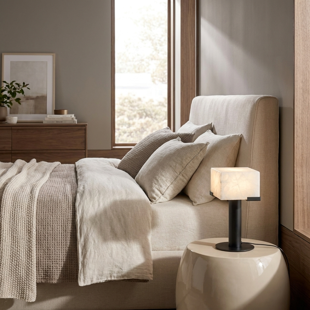 Lámpara de mesa de alabastro Yesara en un dormitorio cálido – imagen 6