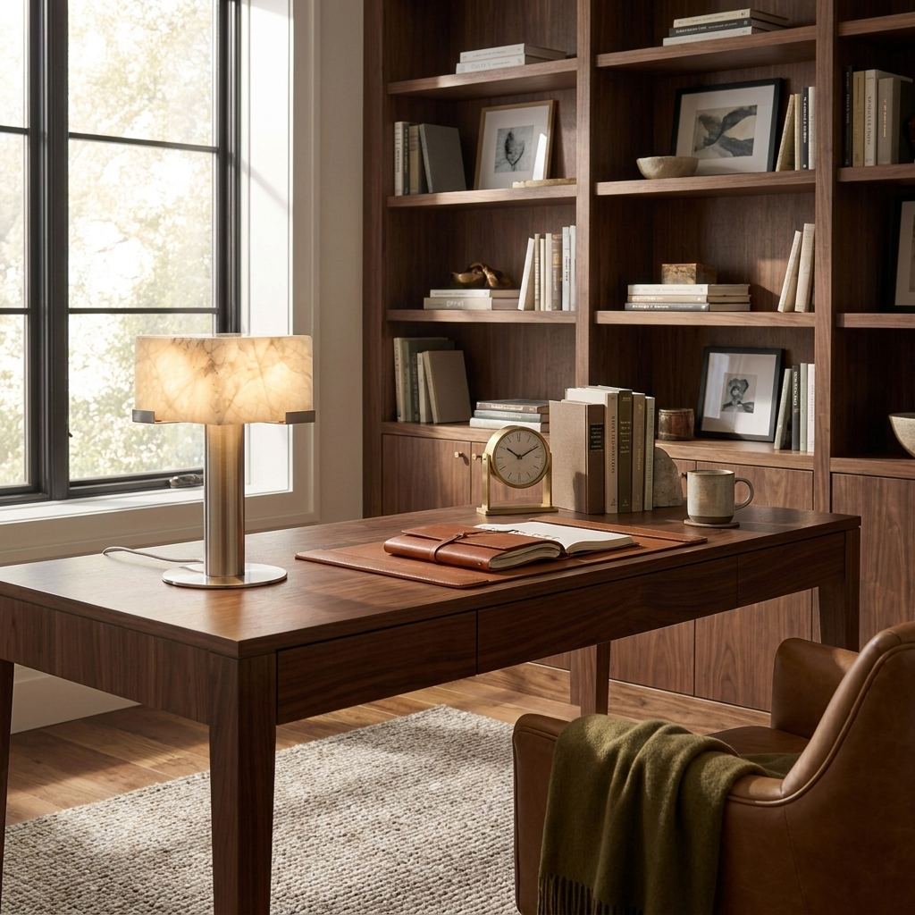 Lámpara de mesa de alabastro Yesara – sobre un escritorio de madera