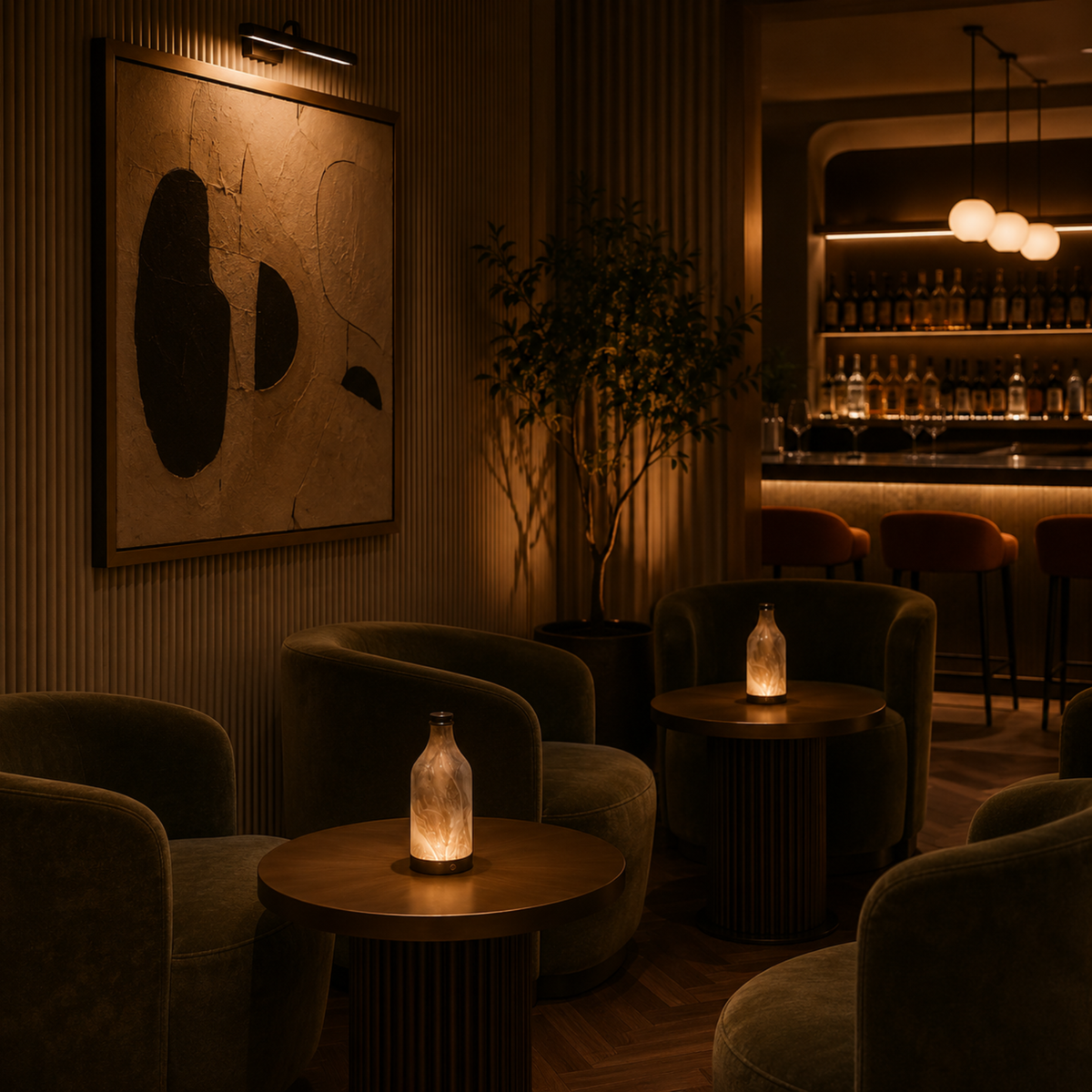 Lámpara de mesa recargable de ónice Gasira en un bar acogedor – imagen 7