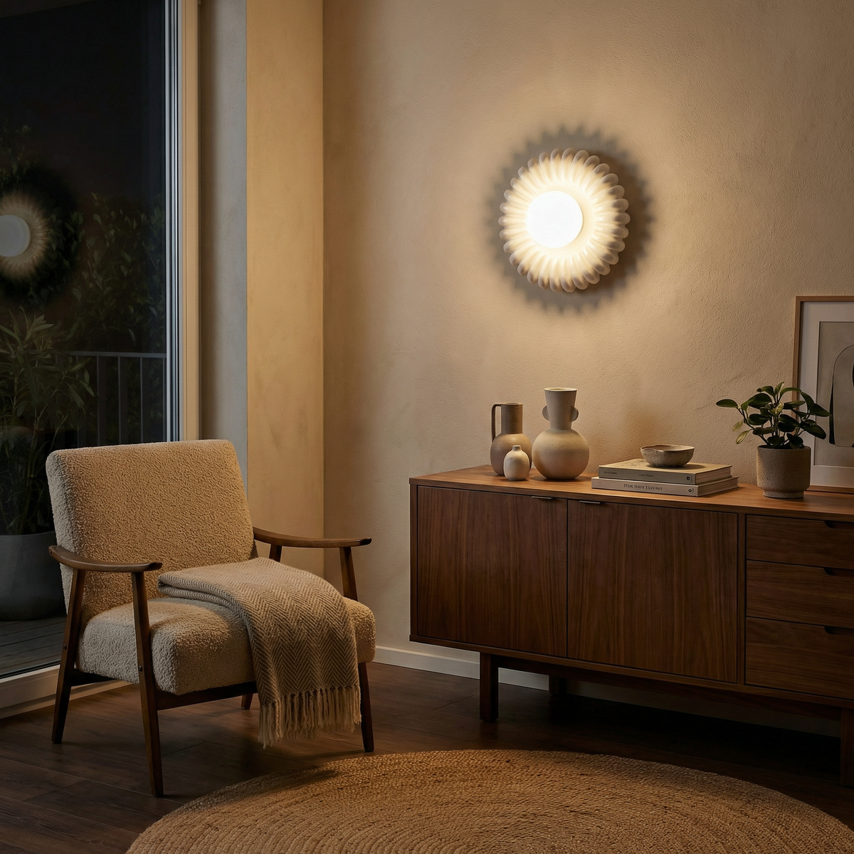 Aplique de pared en forma de flor Zinela – encendido en un salón
