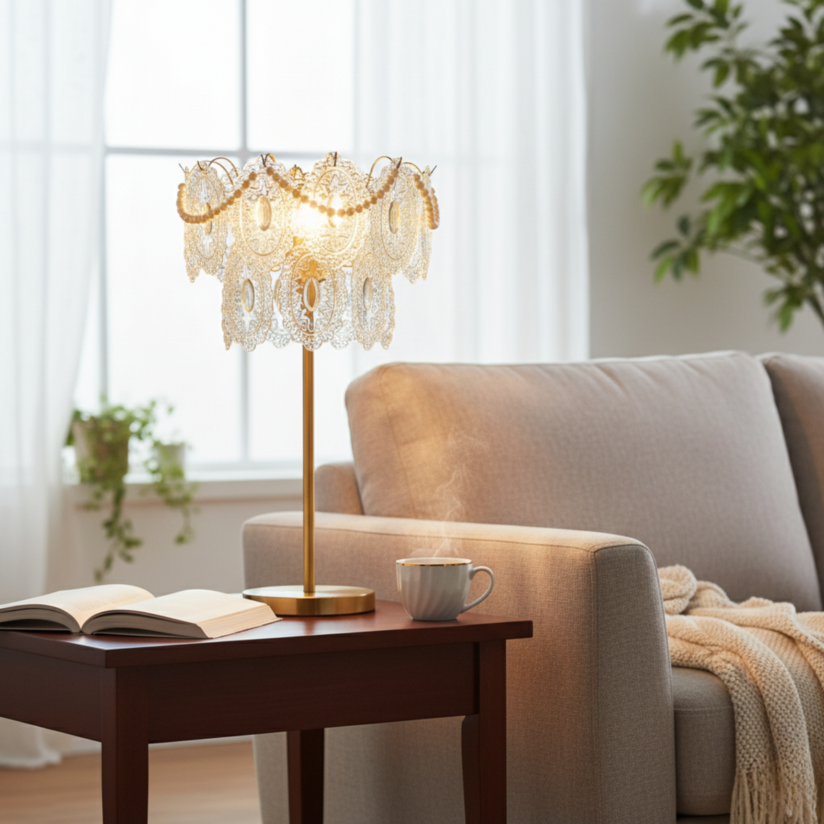 Lámpara de mesa Jalustra de cristal tallado y pie dorado – junto al sofá en un salón luminoso