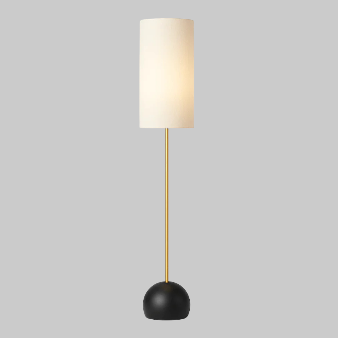 Lámpara de pie con pantalla cilíndrica de tela Lomia – con base esférica negra y pantalla blanca