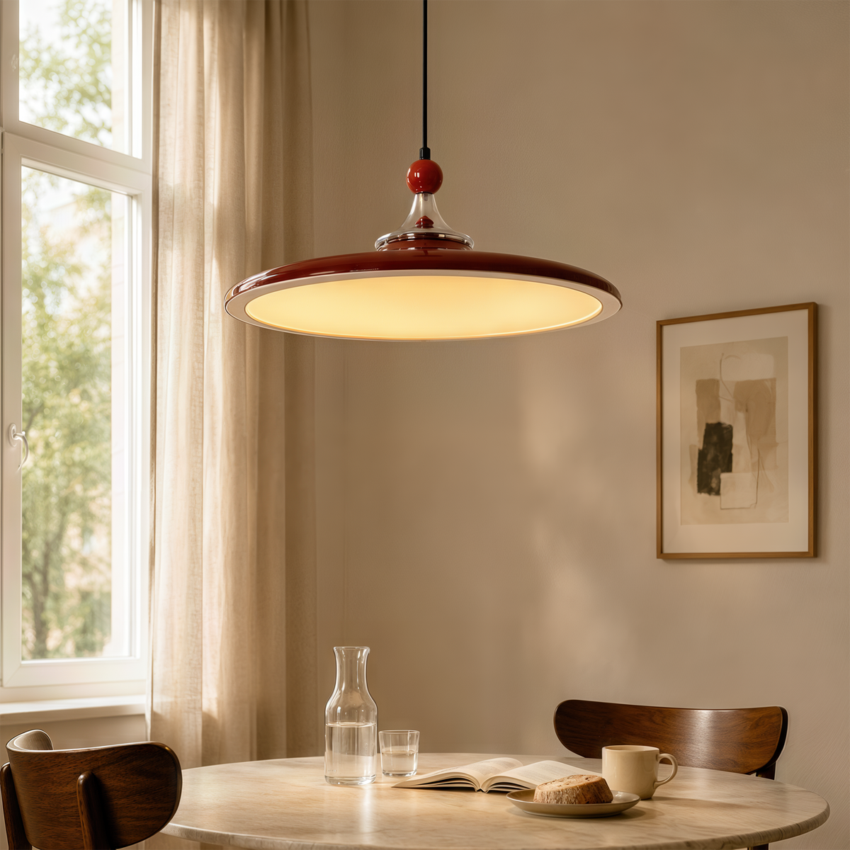 Carmesa - Lámpara Colgante de Disco Rojo Lacado con Luz Tricolor Retro