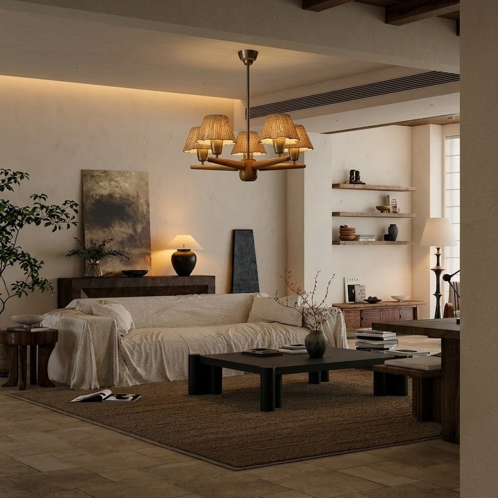 Lámpara de araña de madera Bosvira en un salón acogedor – imagen 12