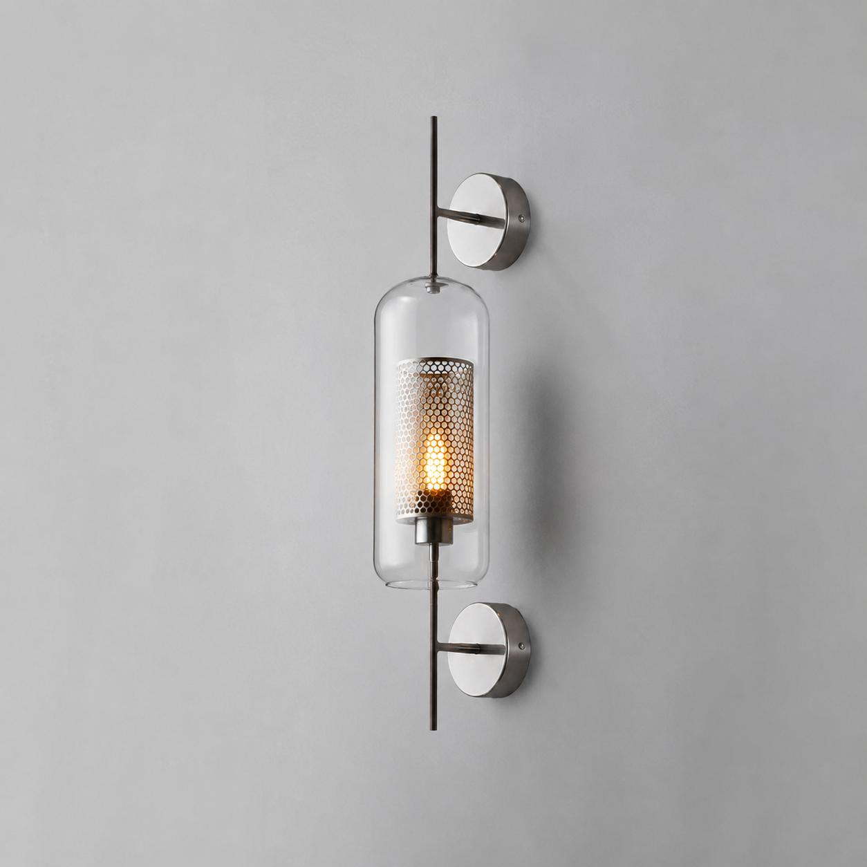 Atria: Aplique de Pared Geométrico Industrial de Metal y Vidrio