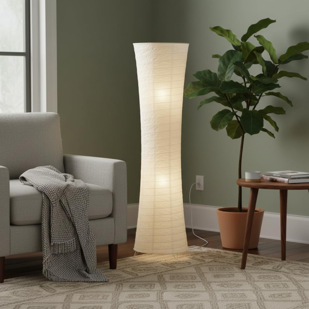 Lámpara de pie de papel de arroz Sumelia en un salón de estilo japandi – imagen 3