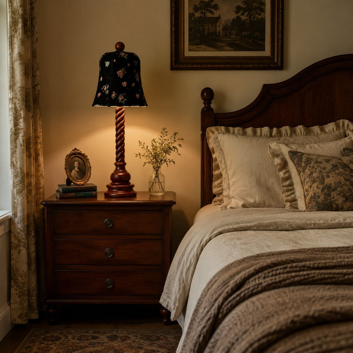Lámpara de mesa de madera torneada con pantalla floral Torcela en un dormitorio de estilo clásico – imagen 4