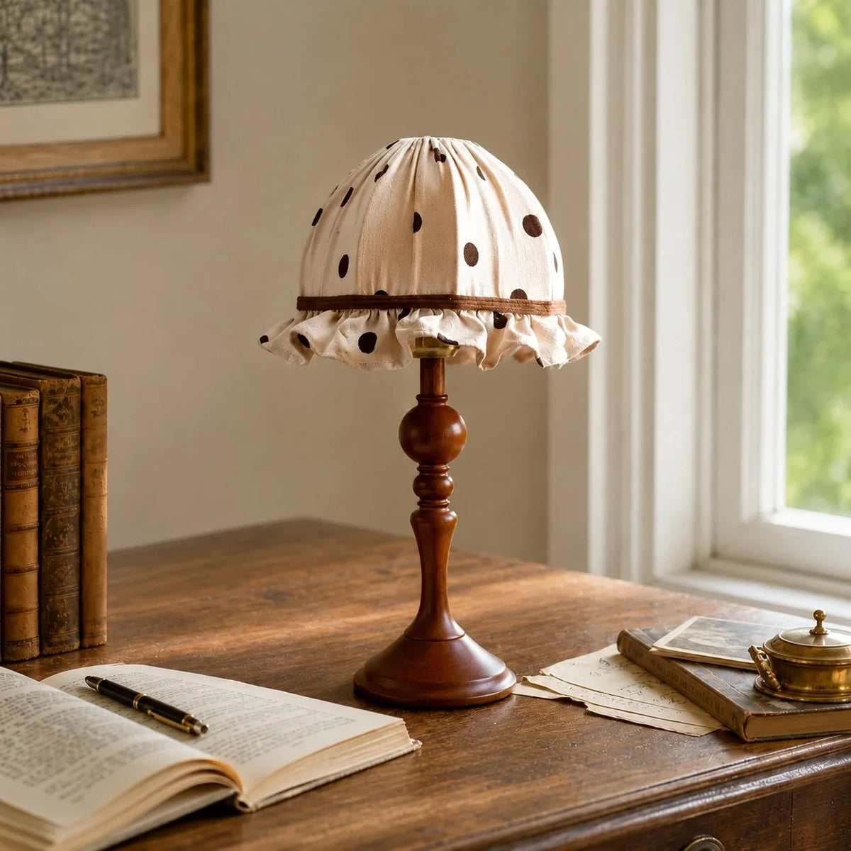Lámpara de mesa vintage de lunares Topela – sobre un escritorio de madera junto a la ventana