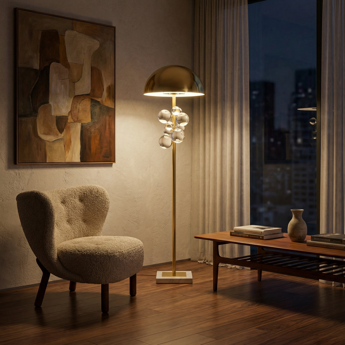 Lámpara dorada con esferas de vidrio Kanica en un salón elegante – imagen 13