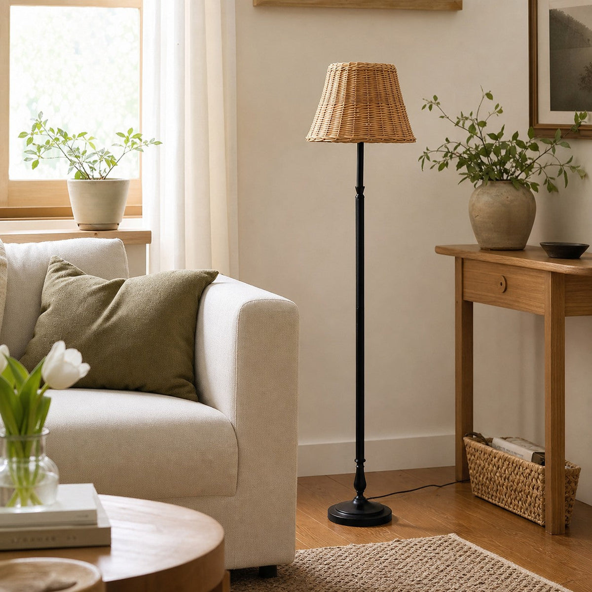Lámpara de pie Palmisa con pantalla de ratán trenzado – junto a una ventana