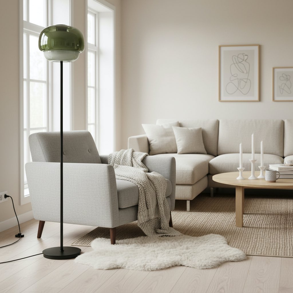 Lámpara de pie de cristal Tomira – cristal verde en un salón